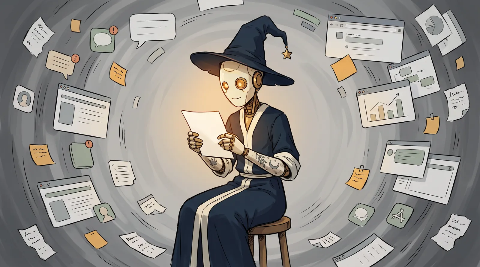 A wizard robot calmly reading one clear page while a storm of browser tabs, notifications and sticky notes swirls around it