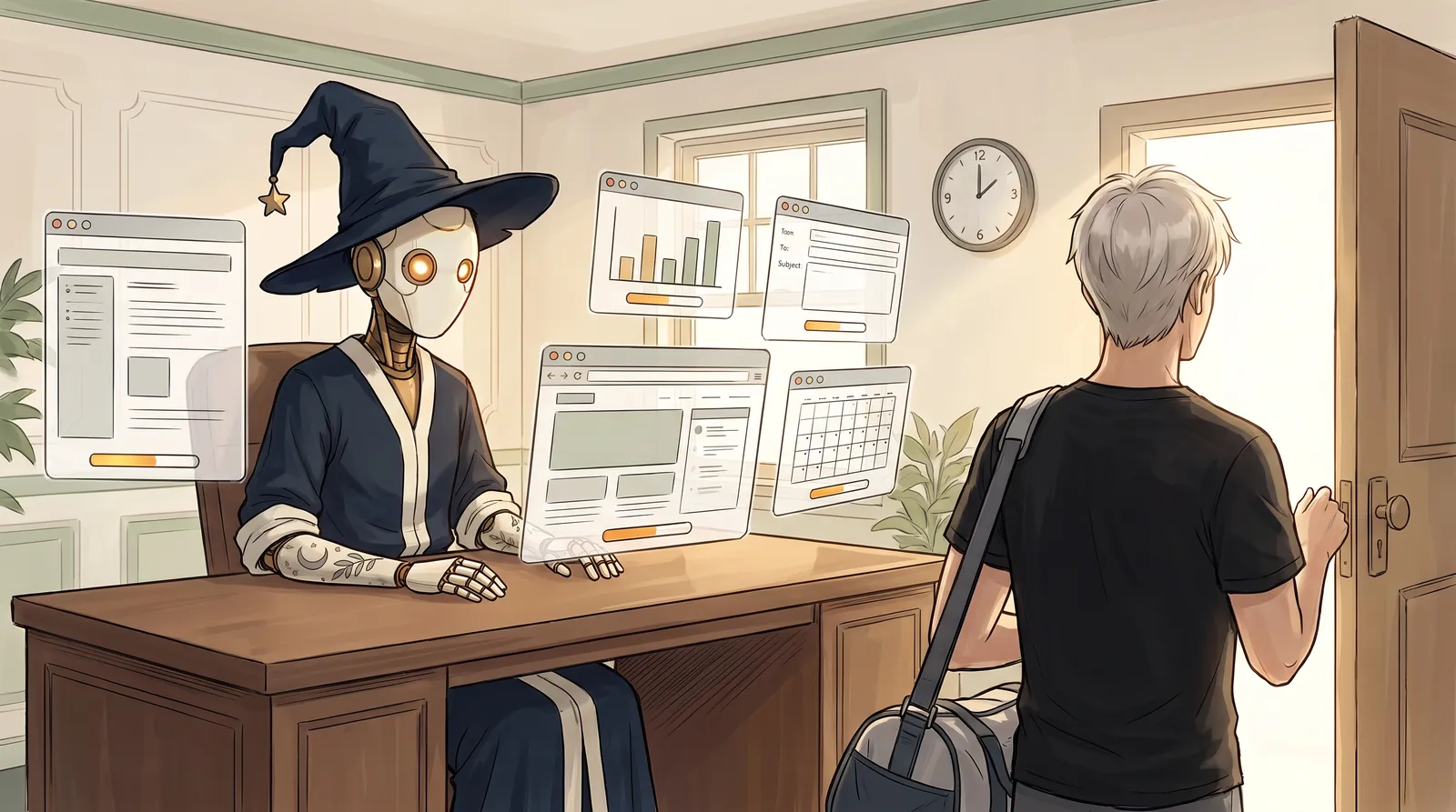 A wizard robot working on five floating screens at once while a man with a gym bag heads out the door